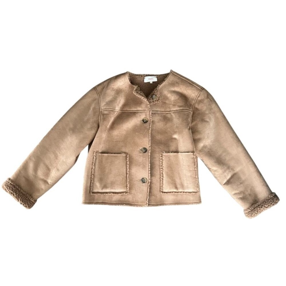 Xirena Women’s Thayer Suede Driftwood Tan Shearling Collarless Boxy Jacket Sz S - Picture 2 of 7